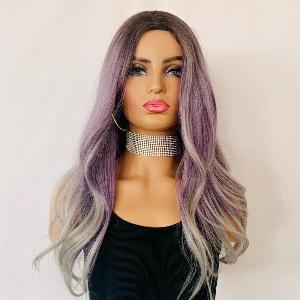 🩶Put On & Go💜 Gorgeous Plum Berry/Grey Synthetic Event Wig- NO FURTHER DISCOUNT🌷